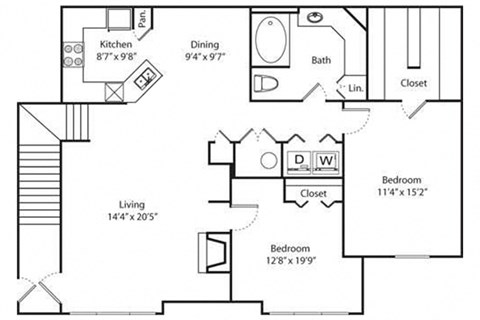 Floor plan for 2 beds, 1 bath, 1230 sqft